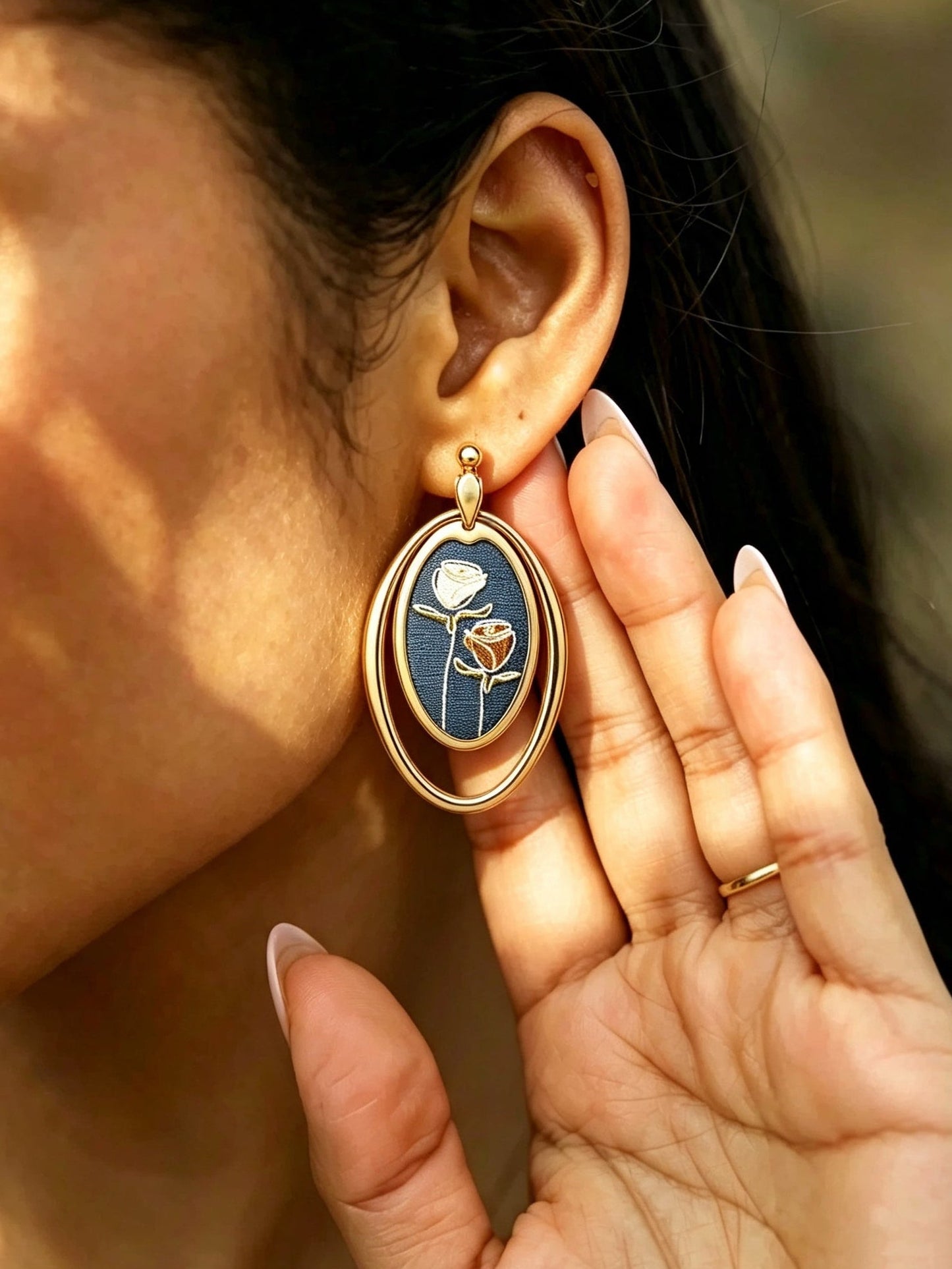 Oval-shaped Embroidered Stud Earrings
