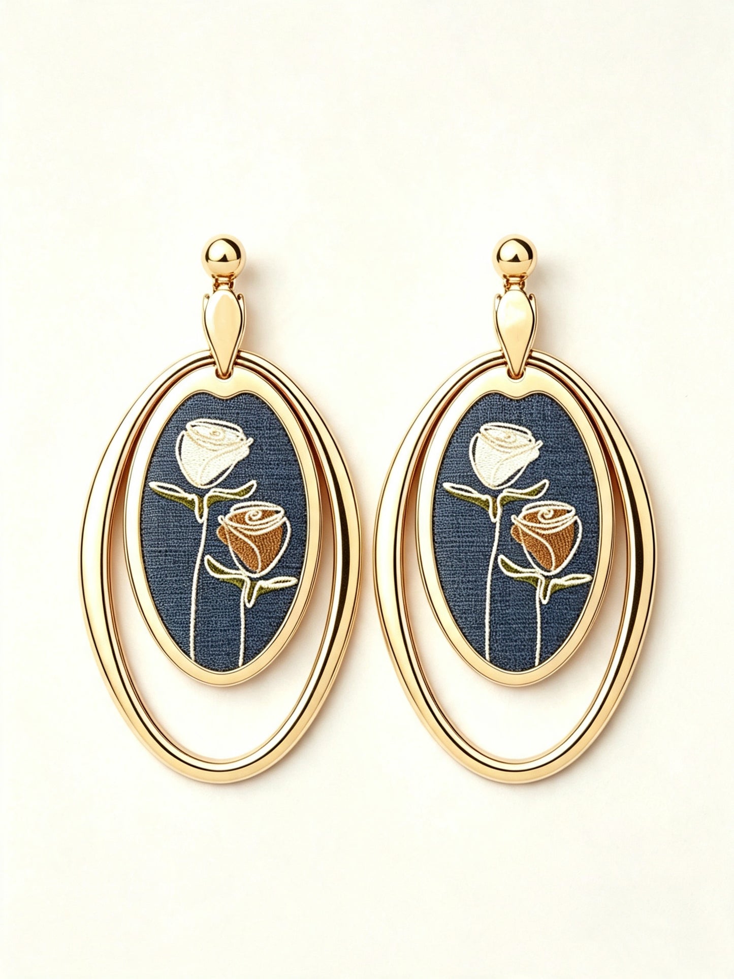 Oval-shaped Embroidered Stud Earrings