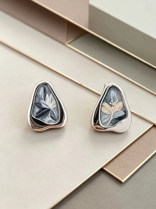 Silver Leaf Tailsman Design Style Stud Earrings
