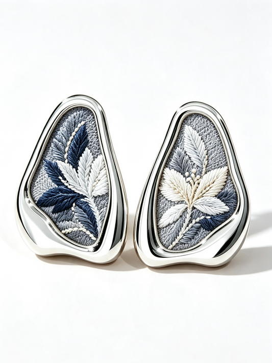 Silver Leaf Tailsman Design Style Stud Earrings